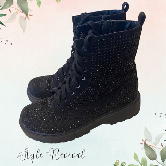Black Rhinestone Encrusted Combat Boots - Size 8 Girls - Picture 2 of 9